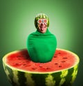 Funny man with watermelon helmet and googles