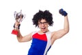 Funny man after winning gold cup isolated Royalty Free Stock Photo