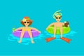 Funny man and woman , couple floating on the beach, pool in inflatable rings tubes Royalty Free Stock Photo