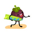 Funny mangosteen walking with surfboard, tropical humanized fruit character spending time on the beach in summer