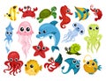 Funny Marine and Sea Animals with Octopus, Crab, Fish and Jellyfish Floating Underwater Vector Set Royalty Free Stock Photo