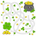 Funny maze for kids. Clover, pot. St. Patrick`s day. Puzzle for children. Cartoon character. Labyrinth conundrum. Color vector