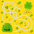 Funny maze for kids. Hat, clover. St. Patrick`s day. Puzzle for children. Cartoon character. Labyrinth conundrum. Color vector