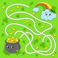 Funny maze for kids. Pot, rainbow. St. Patrick`s day. Puzzle for children. Cartoon character. Labyrinth conundrum. Color vector
