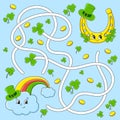 Funny maze for kids. Rainbow, horseshoe. St. Patrick`s day. Puzzle for children. Cartoon character. Labyrinth conundrum. Color