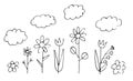 Funny meadow in the style of a childs drawing with thickets of flowers. Naive landscape. Outline sketch. Hand drawing is