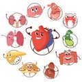 Funny medical icons of organs, heart, lungs, stomach. Set of round avatars cartoon characters of internal organs. Vector Royalty Free Stock Photo