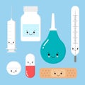 Funny medicine equipment cartoon characters. Thermometer, syringe, tablet, plaster, pill isolated illustration. Cute