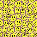 Funny melt smiley faces seamless pattern. Lava lamp, water drops, drug trip style. Retro vintage color palette. Hand