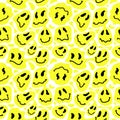 Funny melt smiley faces seamless pattern. Lava lamp, water drops, drug trip style. Retro vintage color palette. Hand