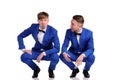 Funny men dressed in blue suite with different emotions