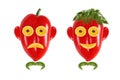 Funny men's faces made of vegetables.