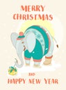 Funny Merry Christmas card with elephant wearing cute sweater an