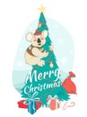 Funny Merry Christmas card with koala wearing cute sweater and h