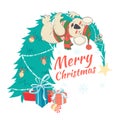 Funny Merry Christmas card with koala wearing cute sweater and h