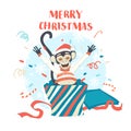 Funny Merry Christmas card with monkey jumping out of present bo Royalty Free Stock Photo