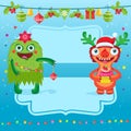 Funny Merry Christmas Vector Card. Greeting Card With Cartoon Christmas Tree And Cheerful Monster With Santa Hat.