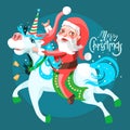 Santa Claus with rocker gesture, riding the adorable unicorn