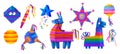 Funny Mexican horse pinata. Blue donkey with heart. Toys for Mexico holiday or birthday carnival. Paper figures