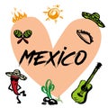 Funny mexico card with traditional symbols,heart- love mexico