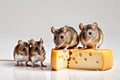 Funny mice sitting on a piece of cheese