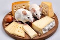 Funny mice sitting on a piece of cheese