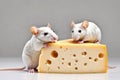 Funny mice sitting on a piece of cheese