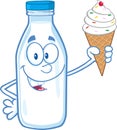 Funny Milk Bottle Character Holding A Ice Cream