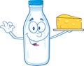 Funny Milk Bottle Character Holding Up A Wedge Of Yellow Cheese