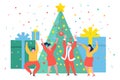 Funny mini business people dancing near the Christmas tree. New Year business concept.