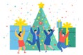 Funny mini business people dancing near the Christmas tree. New Year business concept.