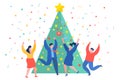 Funny mini business people dancing near the Christmas tree. New Year business concept.