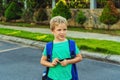 Funny mischievous cute blond boy with freckles blue backpack from school or kindergarten, artistic emotions facial