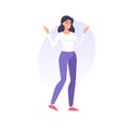 Funny modern casual puzzlement female gesture dont know not sure with raising hands vector flat