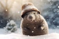 Funny mole wearing hat in snowfall. Generate ai