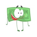 Funny money character with happy face. Cartoon banknote in flat style. Emotional green dollar. Vector illustration