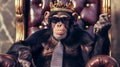 Funny monkey crown. Chimpanzee wearing tie with crown and sunglasses sitting throne. AI Generative Royalty Free Stock Photo