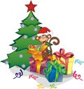 Funny monkey with gift boxes near the Christmas tree Royalty Free Stock Photo