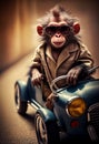 A funny monkey in a jacket and sunglasses sits behind the wheel of a car. AI Generated