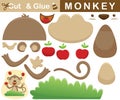 Funny monkey juggling fruits in grass. Education paper game for children. Cutout and gluing. Vector cartoon illustration