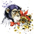 Funny monkey, leopard, watercolor background Royalty Free Stock Photo