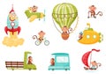 Funny Monkey with Protruding Ears Driving Bus and Riding Bicycle Vector Set Royalty Free Stock Photo