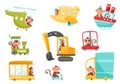 Funny Monkey with Protruding Ears Driving Bus and Sailing Boat Vector Set