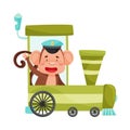 Funny Monkey with Protruding Ears Riding Train Vector Illustration