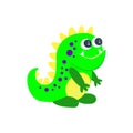 Funny monster. Cute green dragon that looks like a dinosaur. Cartoon vector illustration. Isolated on white Royalty Free Stock Photo