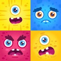 Funny monster expressions. Halloween cute creatures muzzle, scary monster face, alien creature mascots make faces vector