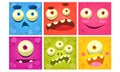 Funny Monster Faces Set, Colorful Square Emojis, Cute Emoticons with Different Emotions Vector Illustration Royalty Free Stock Photo