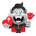 Funny Monster With Flowers And Heart Cartoon. Happy Funny Childish Little Monster Congratulates. Royalty Free Stock Photo