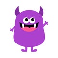 Funny monster. Happy Halloween. Cute smiling face head with horns, fangs. Violet silhouette monsters. Cartoon kawaii funny kids