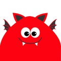 Funny monster head with big eyes, fang tooth and wings. Cute cartoon character. Red color. Baby collection. Isolated. Happy Hallow